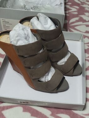 Rear Jessica Simpson Taupe and Tan Strappy Wedge Sandals